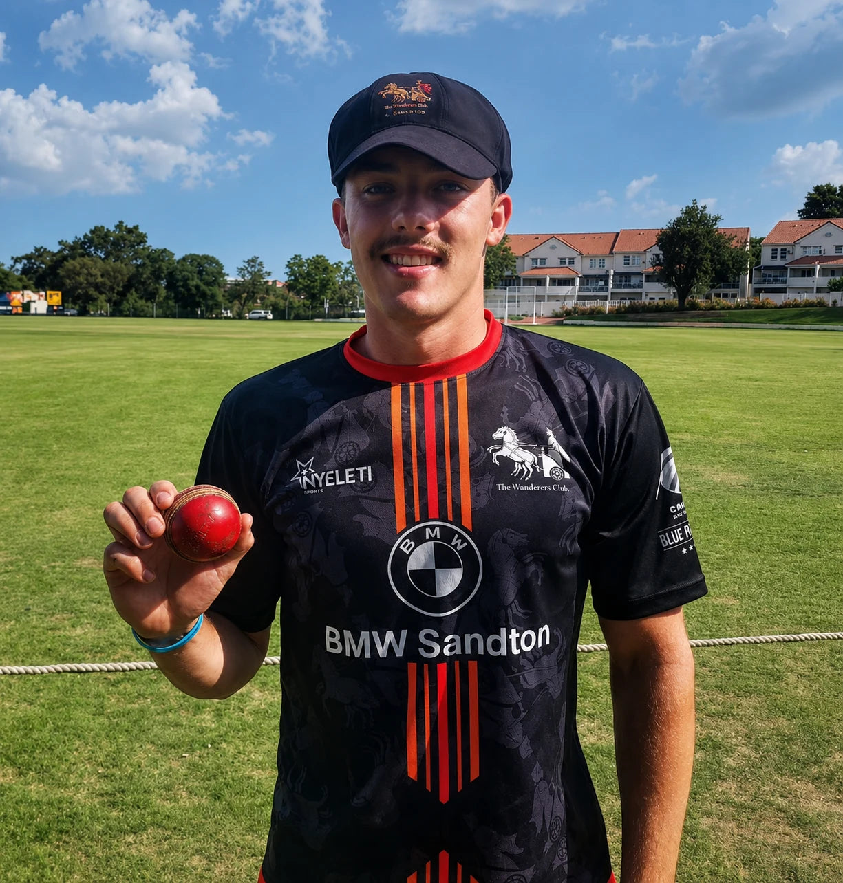 Club cricketer in a sponsored playing shirt